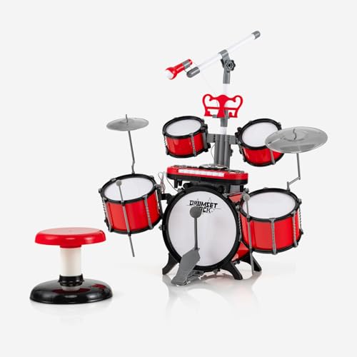 KOMFOTTEU Batteria per bambini con sgabello, batteria jazz con microfono, tastiera a 8 tasti, 5 tamburi, 2 bacchette,...