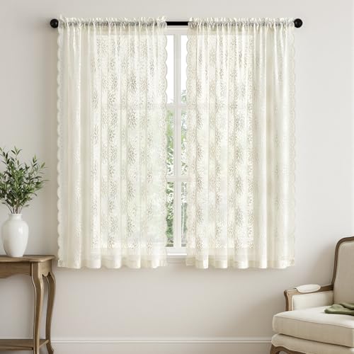Image of MIULEE Vintage Floral Scalloped Lace Curtains 2 Panels, Ivory 52 inch W x 63 inch L