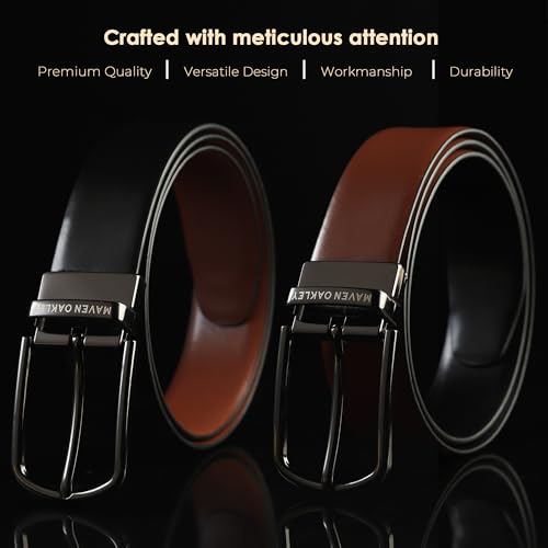 Image of Belts for Men Leather Original, Reversible Black & Brown Formal & Casual Italian Leather Belt with Solid Metal Curved Buckle