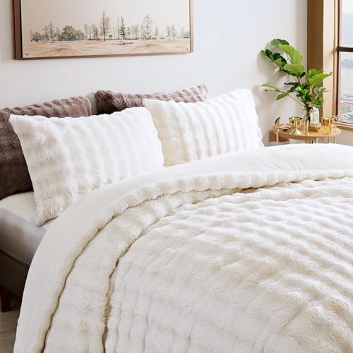 Bedbay Rabbit Faux Fur Comforter Set Queen Size Plush Fluffy Comforter Winter Bedding Set 3 Pcs Soft Cozy Warm Winter Quilts Queen Size Smoofy Velvet Bubble Fur Fuzzy Comforter Luxury Bedding Set