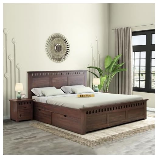 EBANSAL Wooden Queen Size Bed for Bedroom | Solid Wood Double Bed Cot Bed with 4 Drawer Side Storage | Sheesham Wood, Walnut Finish