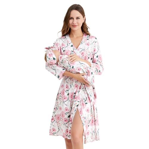 Image of Galabloomer Maternity Robe and Baby Receiving Blanket, Matching Mommy Labor Delivery Robe and Swaddle Set