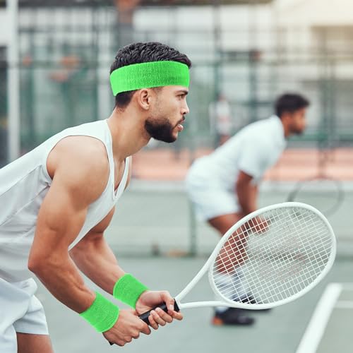 Image of Civaner 12 Pcs 80 90s Neon Sweatbands Soccer Baseball Headbands Wristband Set for Men Women Party Cotton Headbands Terry Cloth Athletic Sweat Bands for Tennis Football Gym Outdoor