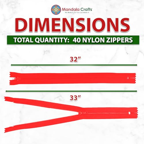 Image of Mandala Crafts 40 PCs Cherry Red Closed-End 32 in Nylon Zippers for Sewing