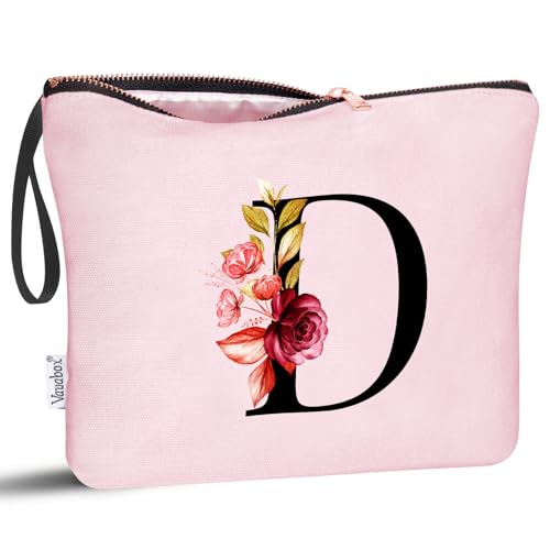 Image of Vavabox A-Z Personalized Makeup Bag, Birthday Gifts for Women Mom, Gifts for Best Friend, Bride Bridesmaid Cosmetic bag (D, 06-Pink)