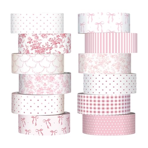 YooNotee 12 Rolls Floral Washi Tape Set Pink Bows and Polka Dots