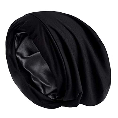 Stain Lined Sleeping Bonnet For Curely Hair Women, Adjustable Slouchy Beanie Slap Hat for Women (Black)
