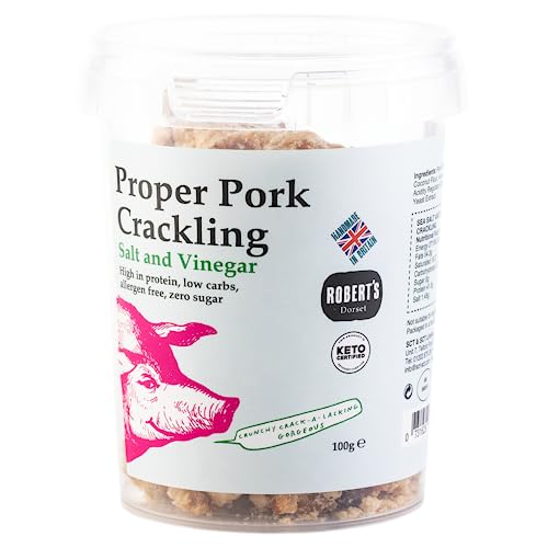Roberts Dorset - Proper Pork Crackling 100g Pots- Available 11 Flavors - Keto, Gluten & Allergen Free, Low Carb, High Protein - Handmade in Britain (Salt & Vinegar, Single Pot)
