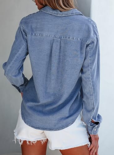 Sidefeel Women's Denim Shirts Button Down Jean Shacket Spring Outfit 2025 Long Sleeve Chambray Blouse Top2