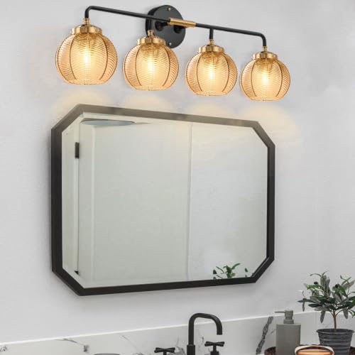 Image of 4Lights Bathroom Vanity Light Fixture Amber Glass Globe Wall Sconce | Mid Century Modern Vintage 5.9″ Ribbed Glass Shade Black Gold Finish 27.2″ for Bathroom Over Mirror Bedroom Hallway