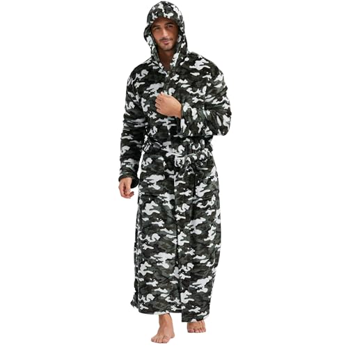 Image of FashGudim Mens Robes Big and Tall with Hood Two-Tone Flannel Fleece Contrast Bathrobe Full Length Plush Long Robe House Coat