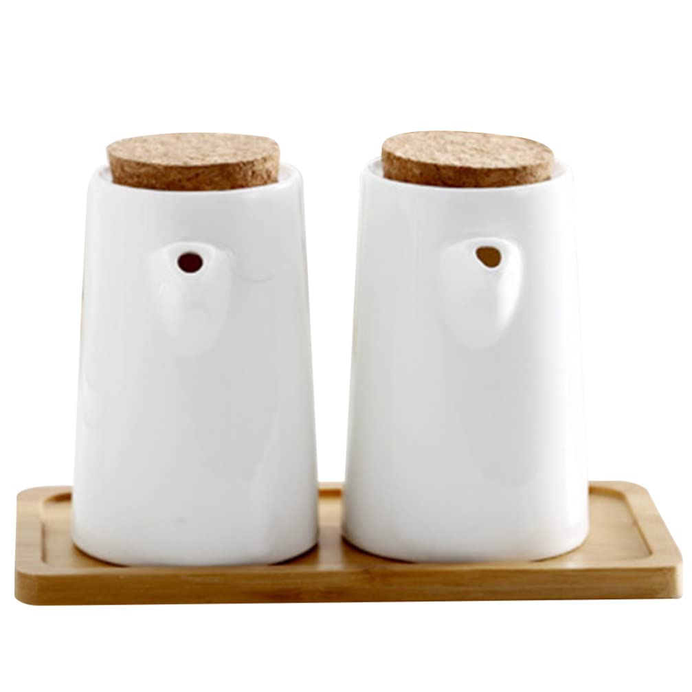 SHERCHPRY Oil Dispenser Bottle - Ceramic Soy Sauce Pot, White Porcelain Oil Vinegar Bottle with Lid and Wooden Tray, Kitchen Cruets for Olive OIL, Soy Sauce, and Dressing