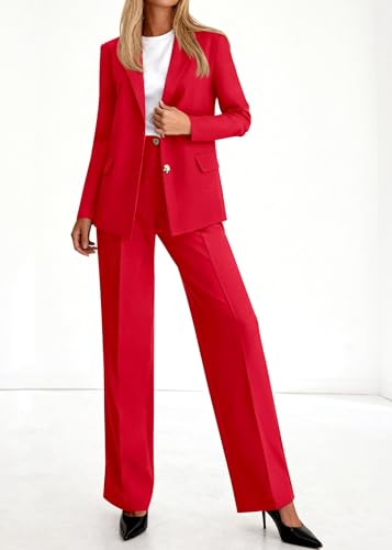 KIRUNDO Womens Suits 2 Piece Set Business Casual Blazer Jacket Wide Leg Dress Pants Suits Professional Work Office Outfits(Red, X-Large) — view 3