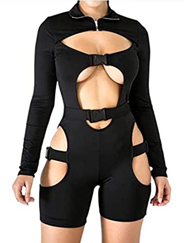Vrouwen Sexy Hollow Out Jumpsuit Gesp Hoge Hals Lange Mouw Bodycon Romper Gesp Biker Korte Clubwear, Zwart, L