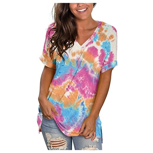 NILOUFO Womens Summer Casual T Shirts Rolled Short Sleeve V Neck Blouses Tops Tunics(A:Colorful Orange, Medium)