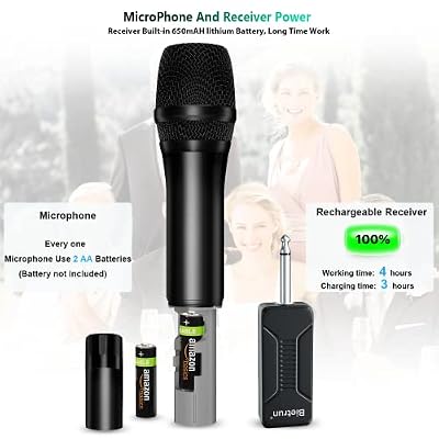 Bietrun Wireless Microphone, Dynamic Microphone with Rechargeable Receiver, Auto Connect,All Metal Design,160ft Range,Cordless Mic for Karaoke Machine,Amplifier Speaker,Mixer,iPhone,Camera, Interview