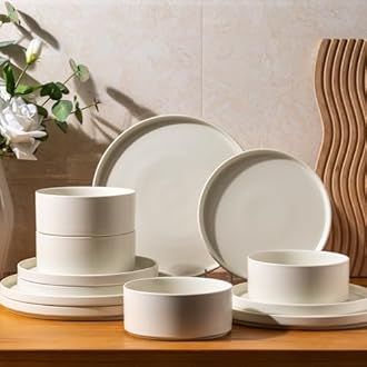 GBHOME Ceramic Dinnerware Sets for 4,Stoneware Plates and Bowls Sets,Chip and Crack Resistant | Dishwasher & Microwave Safe Dishes Set,Scratch Resistant- Service for 4 (12pc)-Matte Cream