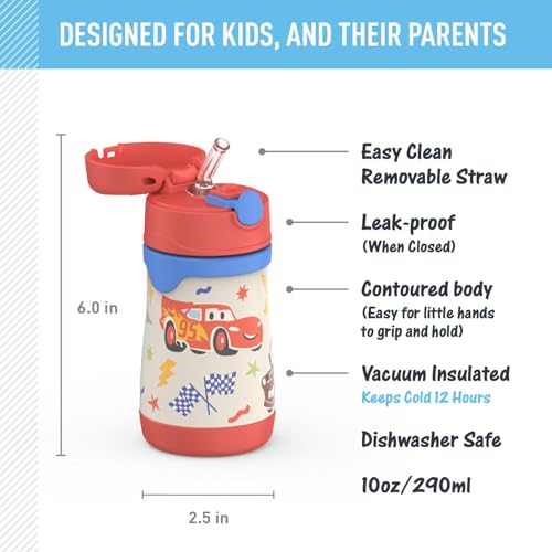 Image of Thermos Baby 10 oz. Stainless Steel Bottle with pop-up straw, Cars