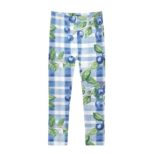 Blueberry Plaid Print Girls Leggings Ultra Soft Compression Yoga Gym Pants for Kids 4-10T