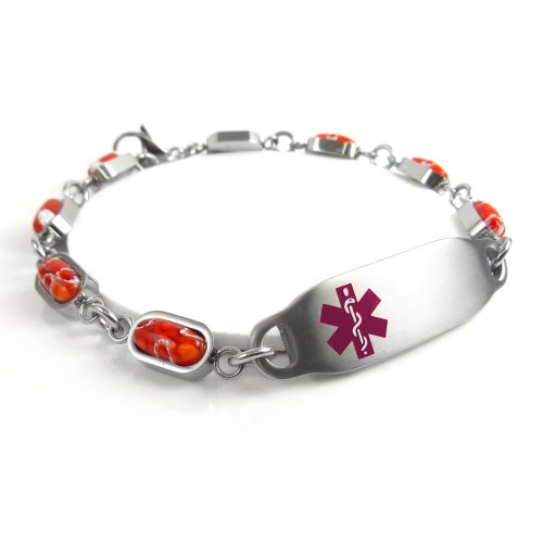 My Identity Doctor - Pre-Engraved & Customized Women's Fibromyalgia Id Bracelet, Red Millefiori Glass, Purple #TOP17