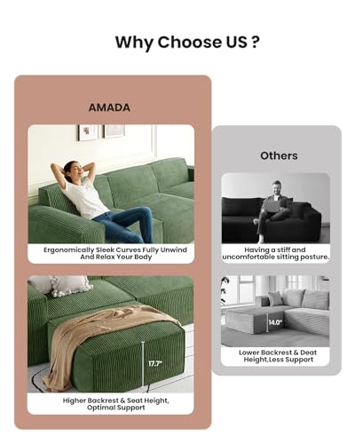 Amada 80" L Shaped Sofa Modular, Corduroy Clopud Couches with Deep Seats &High-Back, Upholstered Couches for Living Room Bedroom with Ottoman, No Assembly Required(2-Seater&1 Ottoman,Green) - Image 6