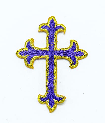 Embroidered Cross Patch Iron on Applique - Latin Cross (Purple - Gold, 2" x 1 3/8") - 6 Pack