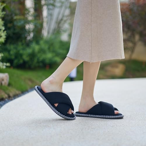Image of GOEWY Slippers for Women Memory Foam House Bedroom Corduroy Crossbands Open Toe Slides Sandals Shoes Comfy Trendy Gift for womens Anti-Skid sole