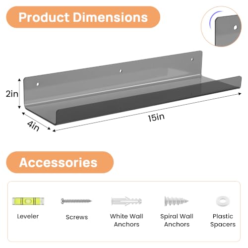 Image of upsimples 4 Pcs 15 inch Acrylic Shelves for Wall Decor and Display, Clear Black