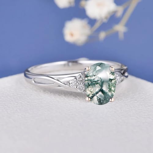 Natural Moss Agate Ring for Women Solid 925 Sterling Silver Salt and Pepper Diamond Ring with Moissanite, Engraved Name Wedding Bands for Her2