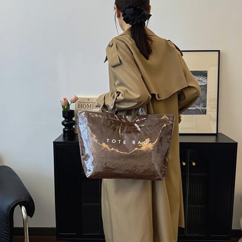 Image of PVC Tote Bag for Women Solid Color Large Letter Print Tote Bag Kraft Paper Clear Plastic Handbag Top Handle Bag(Coffee)
