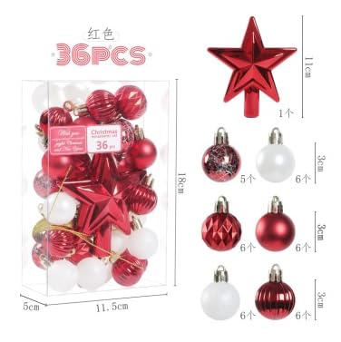LIHAO クリスマス オーナメント ボール 36個セット トップ星付き 北欧 クリスマスボール ツリー オーナメント 飾り オシャレ 飾り付け 装飾 インテリア デコレーション 豪華 レッド 3cm