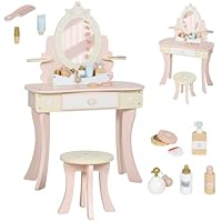 AIYAPLAY Kids Dressing Table, Girls Vanity Table with Stool, Drawer, Removable Mirror, Desktop Storage, 7 Play Accessories, 2 in 1 Toddlers Pretend Make Up Desk Set for Girls, Pink