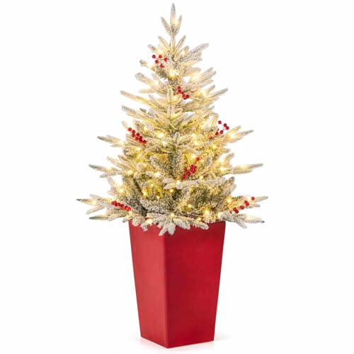 Costway 122 CM Pre-lit Potted Artificial Entrance Christmas Tree, Snow Flocked Xmas Tree w/PE, 313 Branch Tips, 100 LED Lights, 12 Red Berries & Red Planter, Small Seasonal Decoration Tree for Home