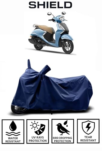 Image of Shield Heavy Duty Scooty Cover for Yamaha Fascino | All-Season, Tear-Proof Fabric | with Side Mirror Pocket & Buckle Belt | Yamaha Fascino Scooty Cover (Blue)