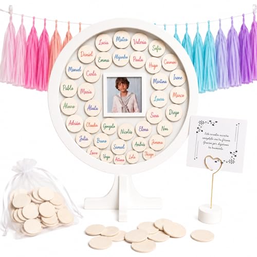 Regalo de comunión niño. Libro de firmas bola del mundo y 40 círculos de madera– Personalizable con foto 8 x 8 cm – Regalo ideal para comuniones, bautizos o bodas.