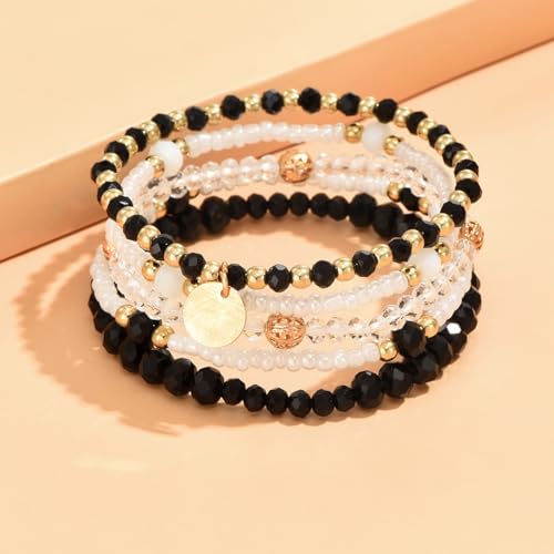 xuzhiyuan Boho Stackable Beaded Bracelet Set – 5Pcs Colorful Elastic Layered Bracelets with Gold Accents Coin, Trendy Summer Jewelry for Women3