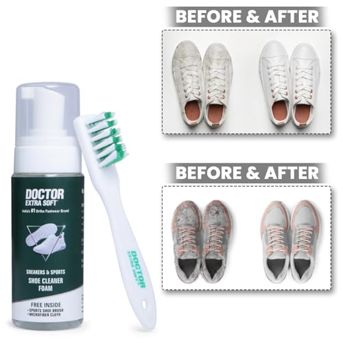 Image of DOCTOR EXTRA SOFT Sports & Sneaker Care Kit | It Includes 150 ml Cleaner, Brush & MicroFiber Cloth| Shoe Foam Quickly Remove Dirt & Stains Shoes Like White /Canvas /Tennis /Trainers /Nubuck /Suede /Loafers