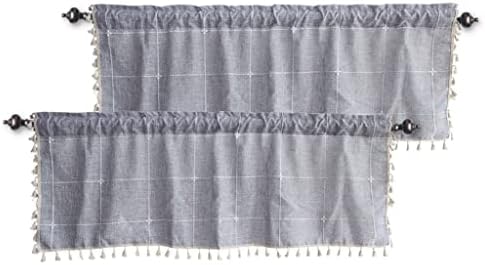 YUXNT Embroidered Gingham Tassels Kitchen Valances for Windows, Lattice Modern Farmhouse Curtains 2 Panels Window Treatments for Living Room Bathroom Pocket Valance 52 Inch Wide by 18 Inch Long