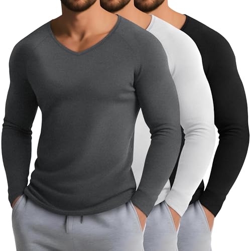 3 Pack Men's Thermal Shirts Big and Tall Long Sleeve V Neck Fleece Lined Base Layer Raglan Curved Hem Basic Tops