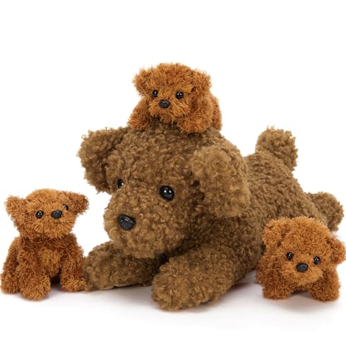 MorisMos riesen Pudel Teddyhund Kuscheltier XXL mit 3 welpen im Bauch, 47cm groß Pudel Hund Plüschtier Stofftier Kuscheltiere, Geburtstag Weihnachten Geschenk Kinder Baby