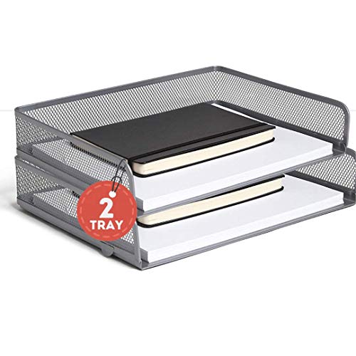 1InTheHome Stackable Side Load Letter Tray, Silver Wire Metal Mesh Paper Tray Organizer, "2 Trays"