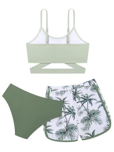 Image of Girl's 3 Piece Bikini Set Cross Strap Swimsuits for Girls Bathing Suit with Shorts Teen Swimwear Swimming Suit