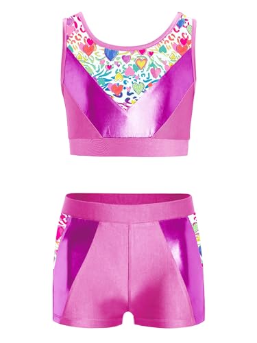 Kids Girls Shiny Metallic Suit Jazz Hip Hop Dancewear 2 Piece Crop Tank Top and Yoga Shorts Set