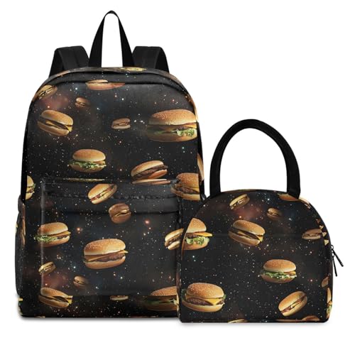 Backpack Lunch Bag Set Floating Hamburger Print, Big Storage Travel Backpacks with Insulated Lunch Box for Office Hiking Picnic