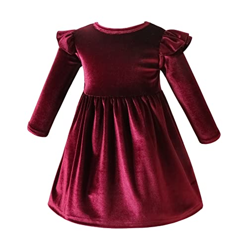 IDOPIP Robe en Velours pour bébés Filles Robe de fête Princesse Vintage à Manches Longues pour Noël et Les fêtes Robes patronnières plissées Automne Hiver Vêtements Wine Red 3-4 Ans Cover