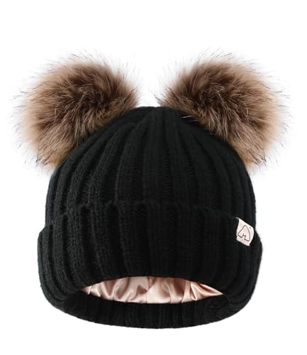 Image of Hat Hut Toddler Beanie Satin Lined Beanie for Baby Winter Hats for Kids Pom Pom Beanie for Boys Girls