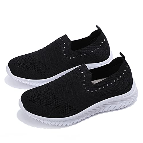 GOSPT Women's Slip on Sock Sneakers Glitter Rhinestone Jazz Latin Dance Mesh Shoes3