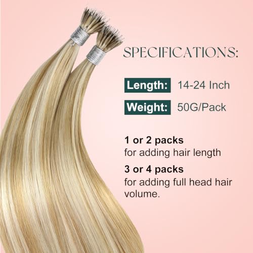 Image of Easyouth 20 Inch Nano Extensions Real Human Hair Highlight Nano Bead Hair Extensions Human Hair Honey Blonde Highlight Blonde Nano Ring Hair Extension Add Length 50g 50s