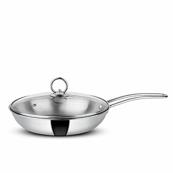 Orange Triply Stainless Steel Fry Pan/Kadai with Riveted Cast Long Handle with Glass Lid (2 litres)| 24 cm Diameter | Gas top and Induction Bottom Friendly (Fry Pan 2L)
