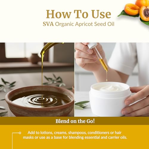 Image of SVA Organic Apricot Seed Carrier Oil with Dropper, 4 Fl Oz (118 ml) | Apricot Seed Oil for Face Care, Facial Oil, Skin Care, Hair Care, Body Oil, Body Massage, Dilution & DIY Beauty Blends